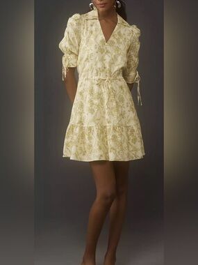 Hutch Grant Dress collared mini dress yellow green botanical, pockets beach M